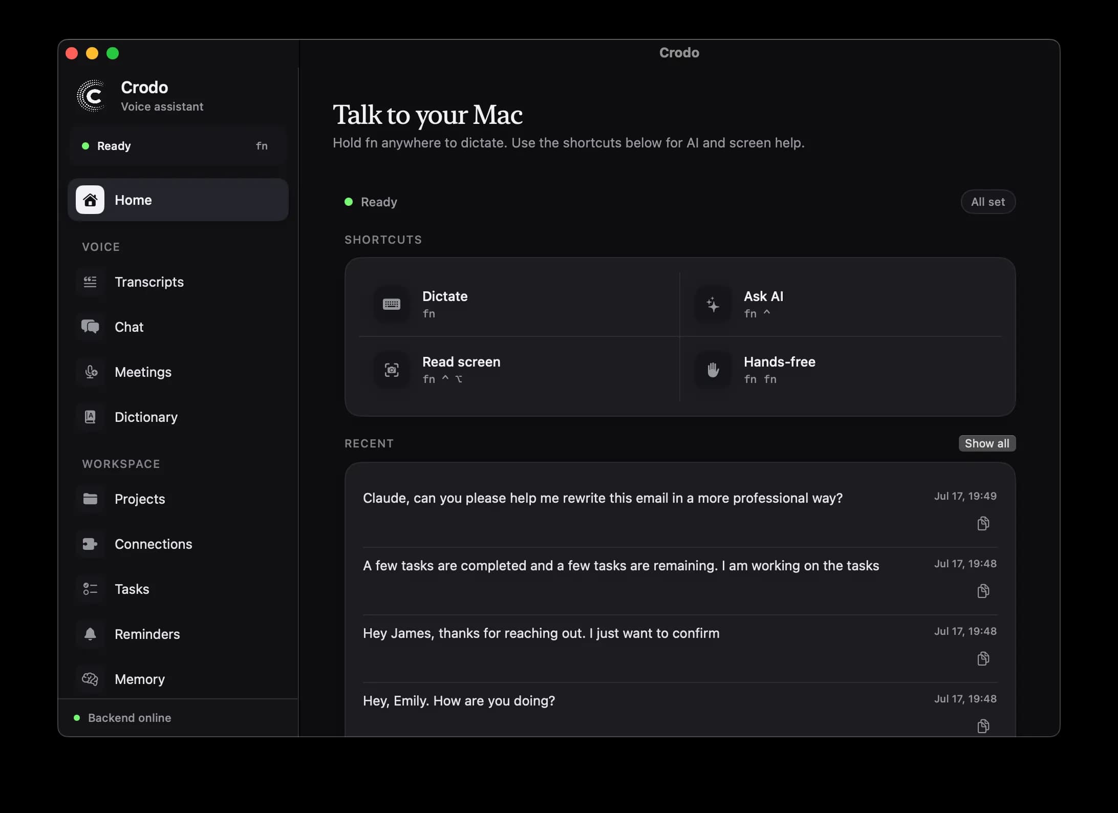 Crodo macOS app window showing the AI voice assistant interface